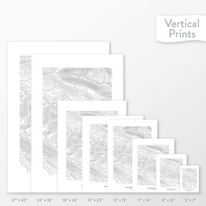 Side-by-side comparison of 8 dimension options for adventure travel art. Prints are decorative topographic maps of Whitefish Mountain in Montana.