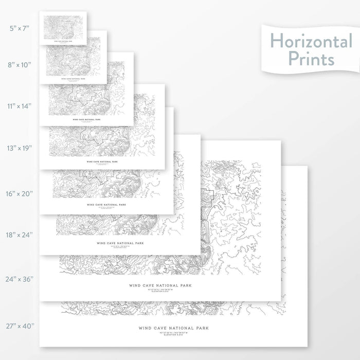 All sizes of horizontal prints for Wind Cave National Park poster with topographic map.