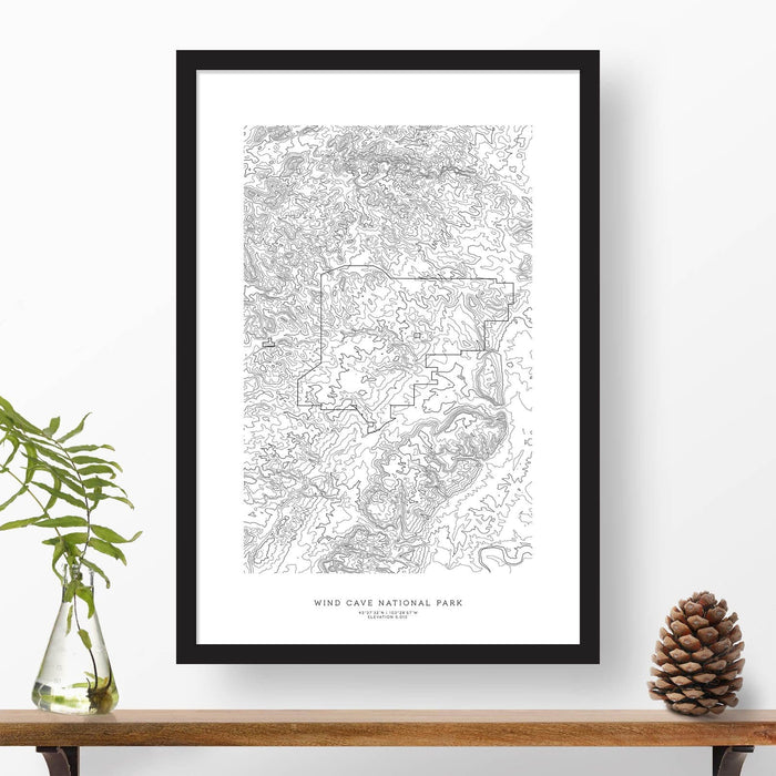 Wind Cave National Park topographic map art poster with black frame.