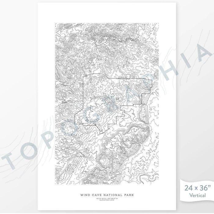 Wind Cave National Park poster with black and white contour lines to represent topography