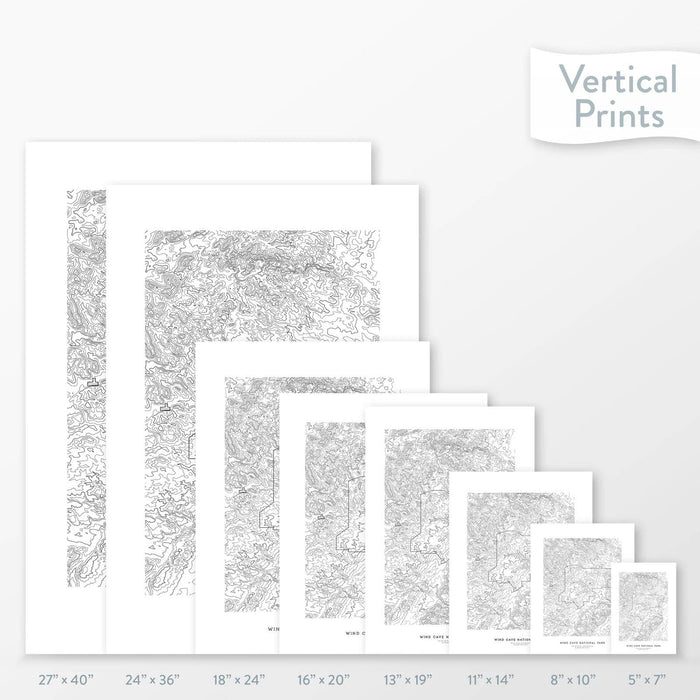 6 sizes of Wind Cave National Park poster that features a topographic map design.
