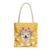 yellow tote bag with a white chihuahua wearing a white daisy flower crown - medium size