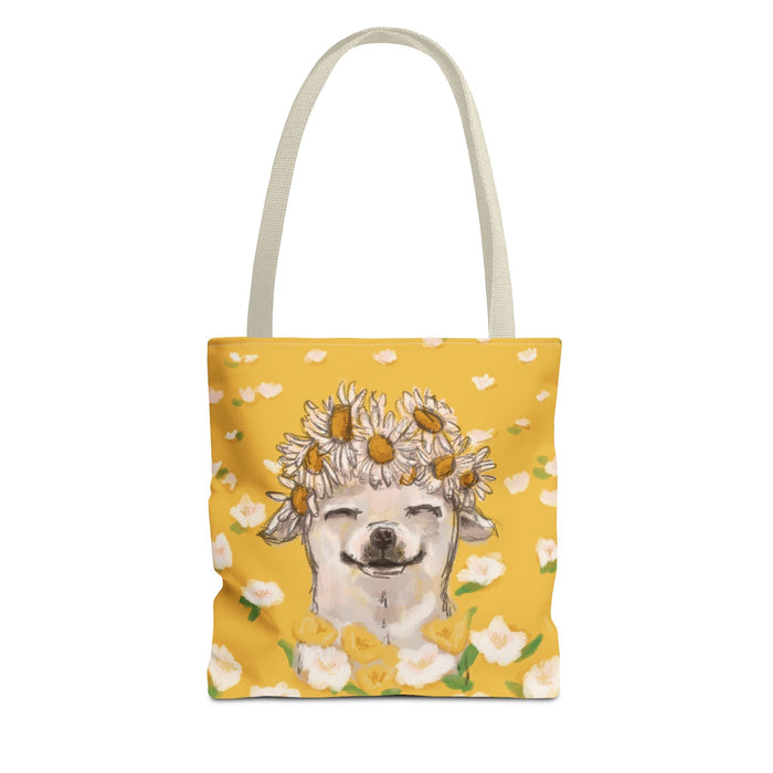 Yellow Chihuahua Tote Bag with Flower Crown in a Meadow Design - small size