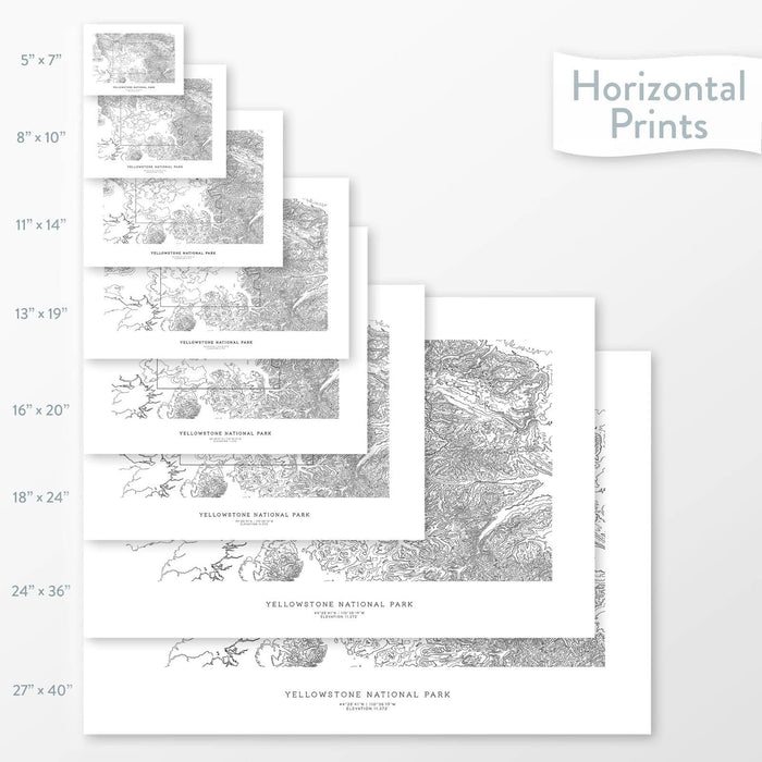 All sizes of horizontal prints for Yellowstone National Park poster with topographic map.