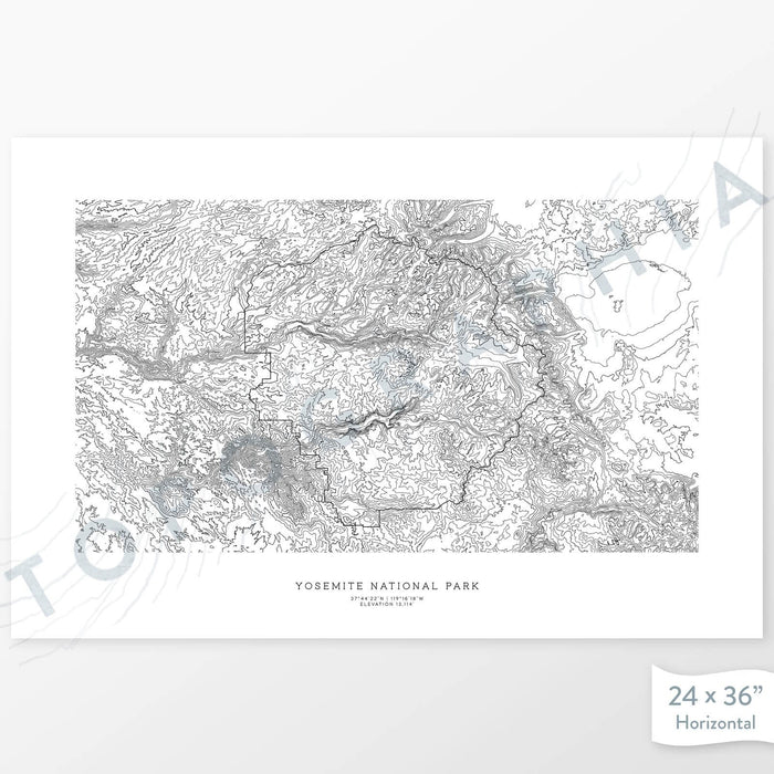 Map wall decor of Yosemite National Park with modern map art in black and white.