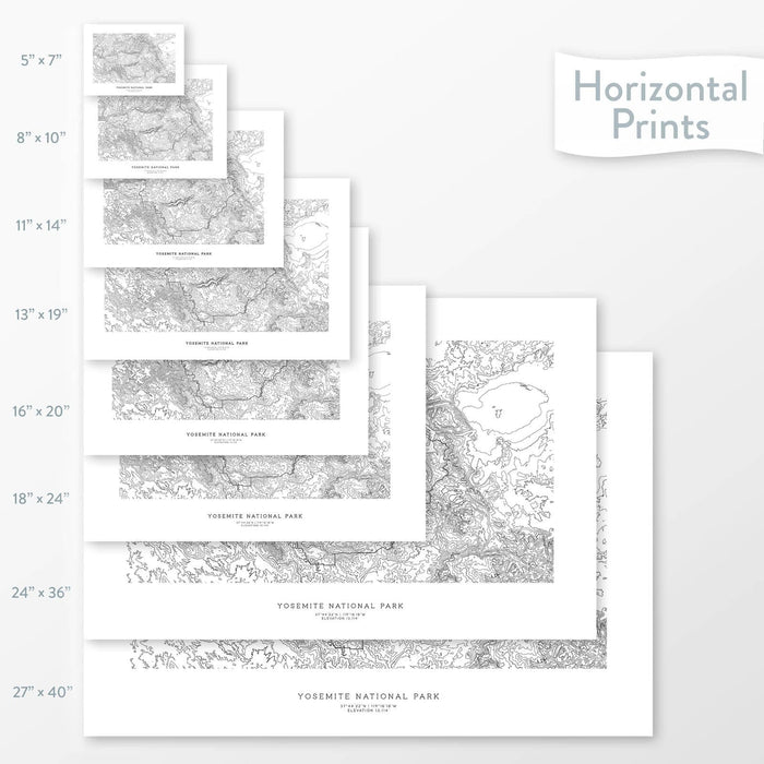 Available sizes for Yosemite National Park topographic maps. 5x7, 8x10, 11x14, 16x20, 18x24, 24x36, and 27x40 posters shown. as black and white prints on a gray background.