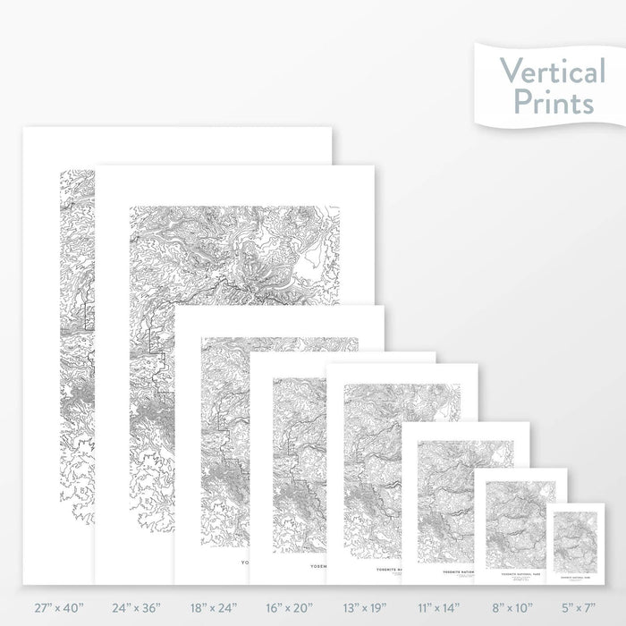 Available sizes for Yosemite National Park topographic maps. 5x7, 8x10, 11x14, 16x20, 18x24, 24x36, and 27x40 posters shown. as black and white prints on a gray background.