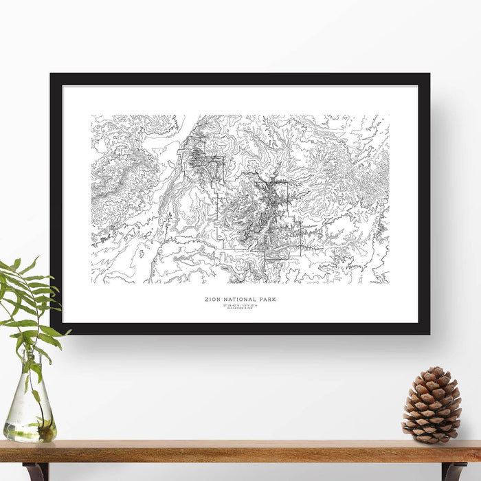 Zion National Park topographic map art poster with black frame.