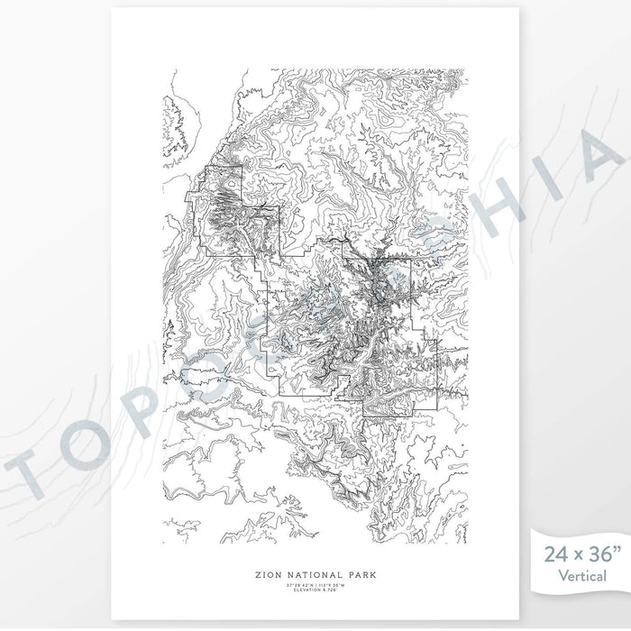 Vertical orientation Zion National Park poster with topographic map design.