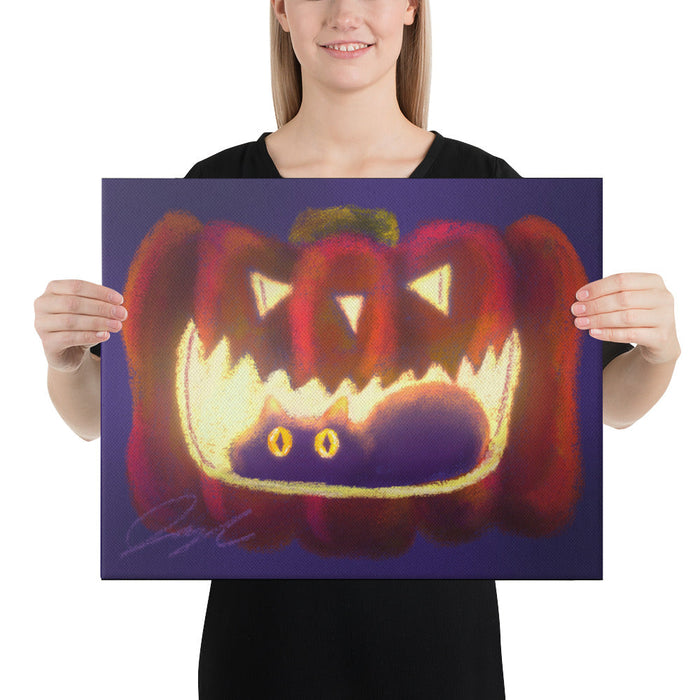 "Black Cat in a Jack o' Lantern": Painting of a Black Cat in a Glowing Pumpkin [Unfoiled]