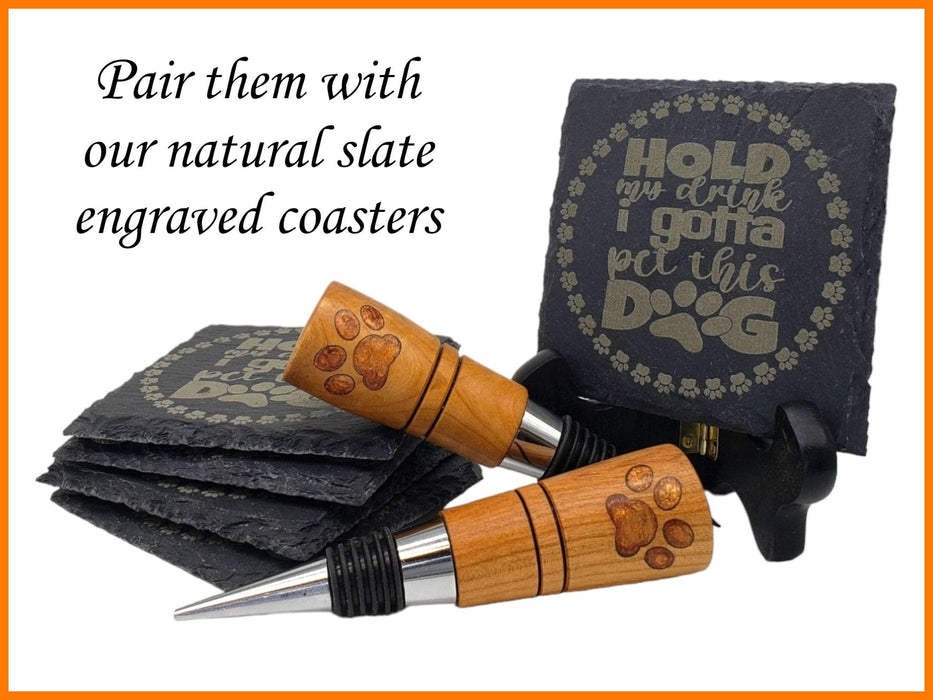 Cherry Bottle Stopper with Engraved "Hold My Drink..." Slate Coaster Set - DogPound Creations