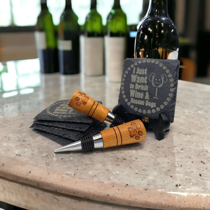 Cherry Bottle Stopper with Engraved "Rescue Dogs..." Slate Coaster Set - DogPound Creations