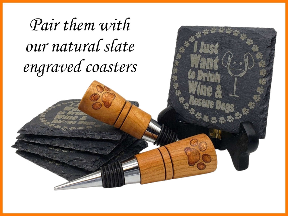 Cherry Bottle Stopper with Engraved "Rescue Dogs..." Slate Coaster Set - DogPound Creations