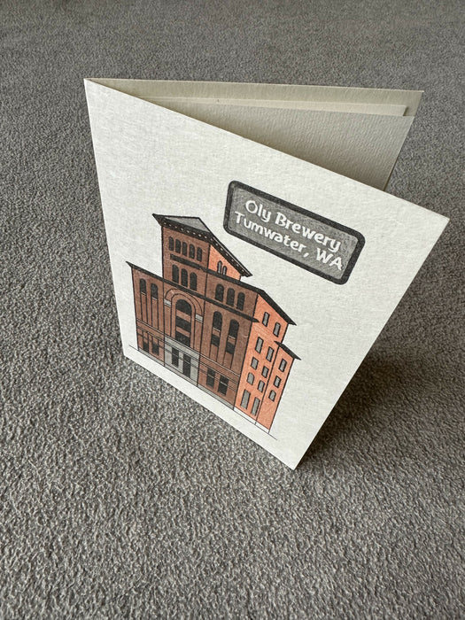 Woodblock print card - Olympia brewery
