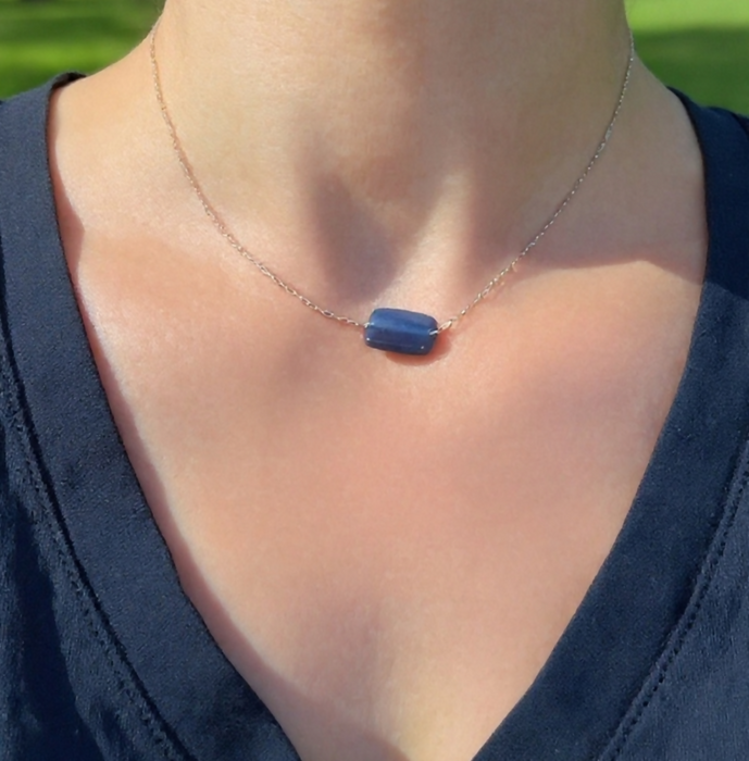 Blue Kyanite Square Necklace on Sterling Silver Chain