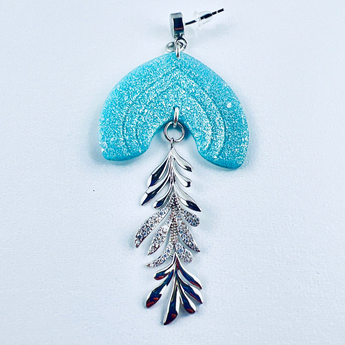 Earrings Ciela - Aqua Shimmering Lined Arches with Silver CZ Leaf Charm Earrings