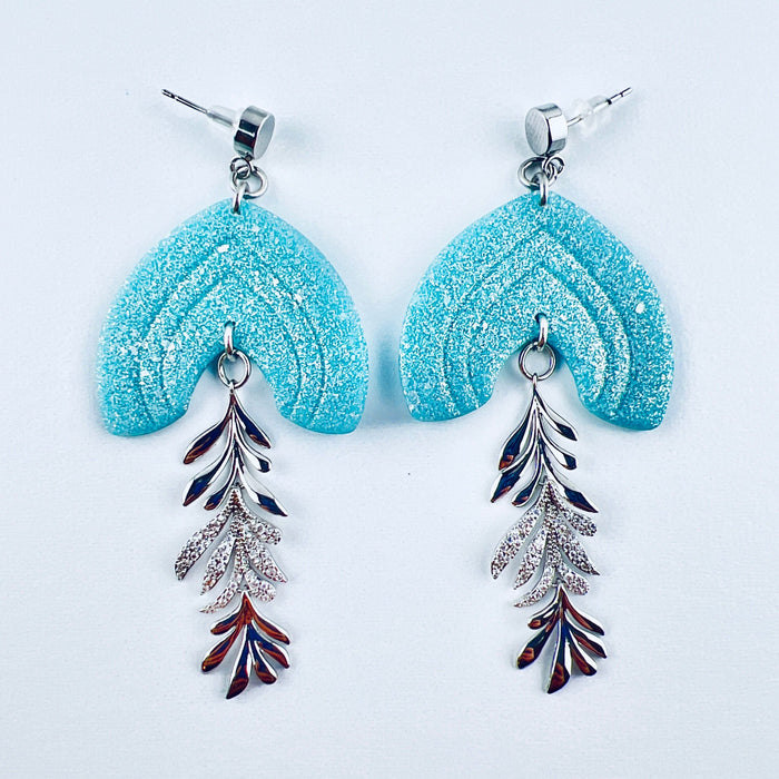Earrings Ciela - Aqua Shimmering Lined Arches with Silver CZ Leaf Charm Earrings