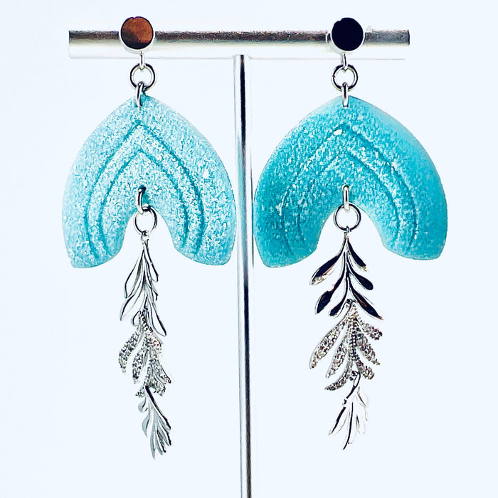 Earrings Ciela - Aqua Shimmering Lined Arches with Silver CZ Leaf Charm Earrings