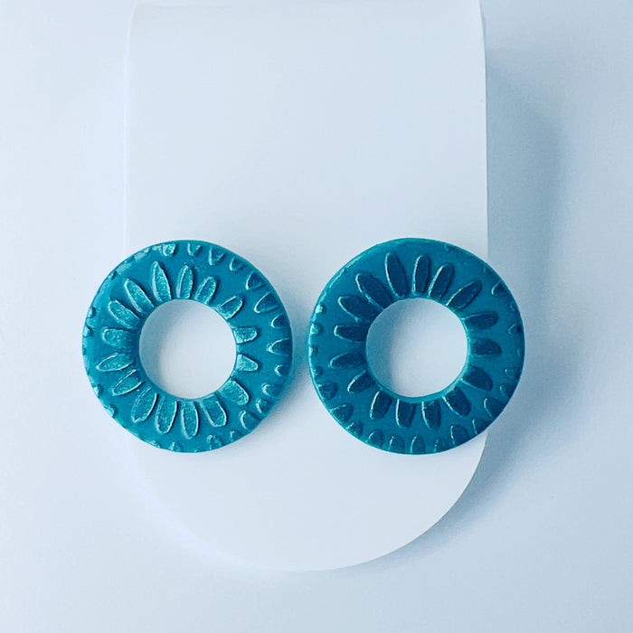 Earrings Shimmering Teal Circle Cutout Stud Earrings – Handmade Polymer Clay