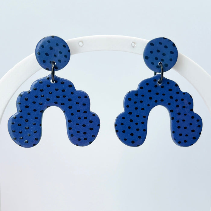 Earrings Denim Blue & Black Polka Dot Arch Earrings