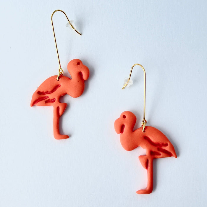 Earrings Flamingo Earrings - Polymer Clay with Gold Bar Hooks