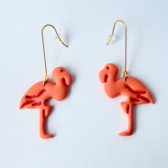 Earrings Flamingo Earrings - Polymer Clay with Gold Bar Hooks