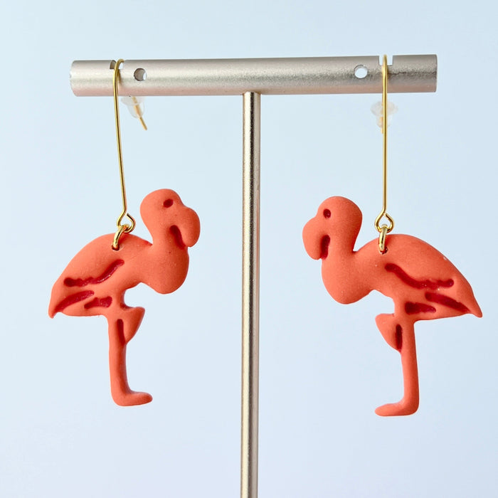 Earrings Flamingo Earrings - Polymer Clay with Gold Bar Hooks