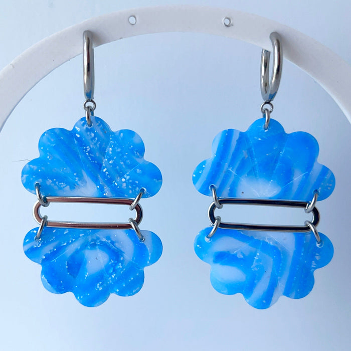 Earrings Ocean Blue Swirls Floral Fan Dangle Earrings – Handmade Polymer Clay