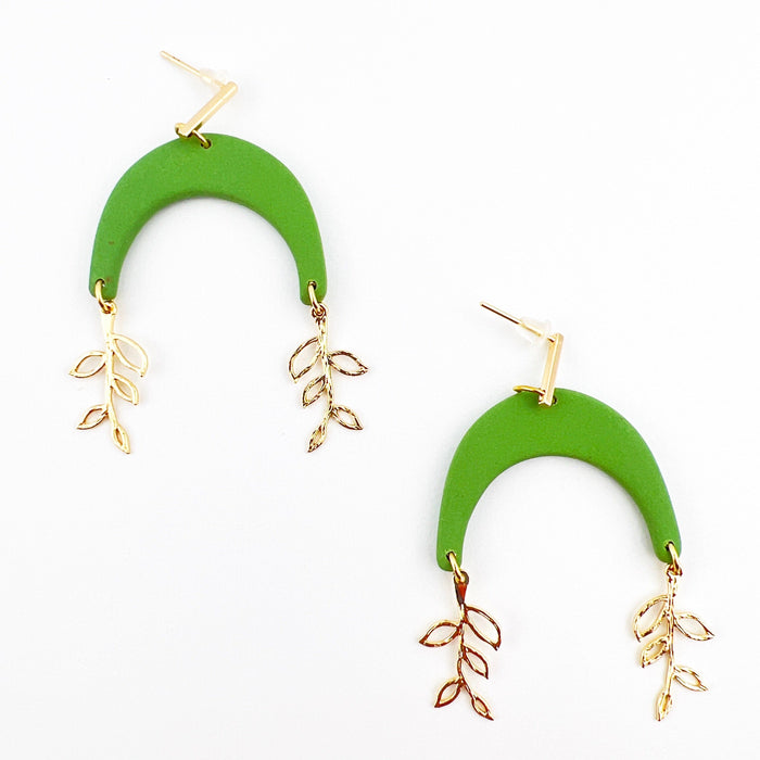 Green Arches with Gold Vine Charms Earrings