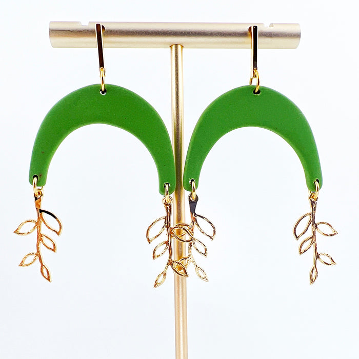 Green Arches with Gold Vine Charms Earrings