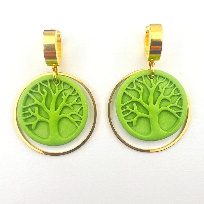 Earrings Green Tree of Life Circle Earrings