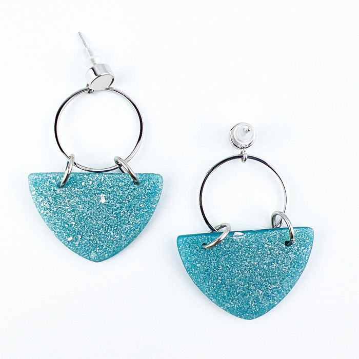 Kalani - Silver Circle & Shimmering Aqua Curved Triangle Earrings