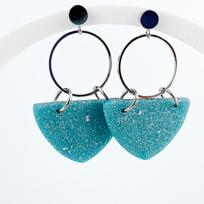 Kalani - Silver Circle & Shimmering Aqua Curved Triangle Earrings