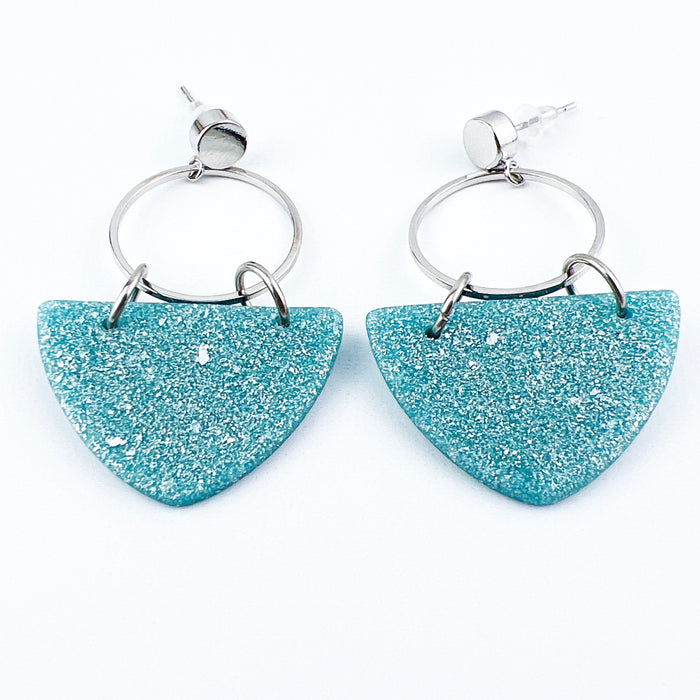 Kalani - Silver Circle & Shimmering Aqua Curved Triangle Earrings