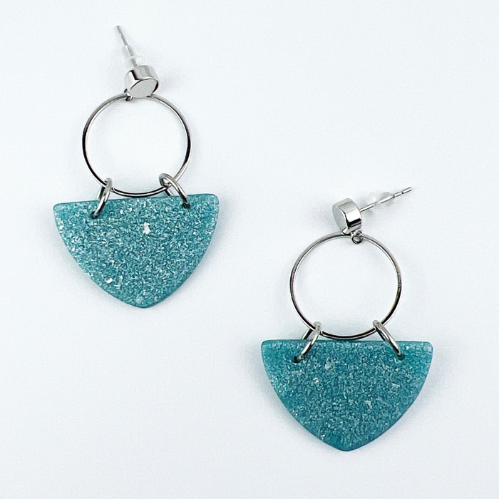 Kalani - Silver Circle & Shimmering Aqua Curved Triangle Earrings