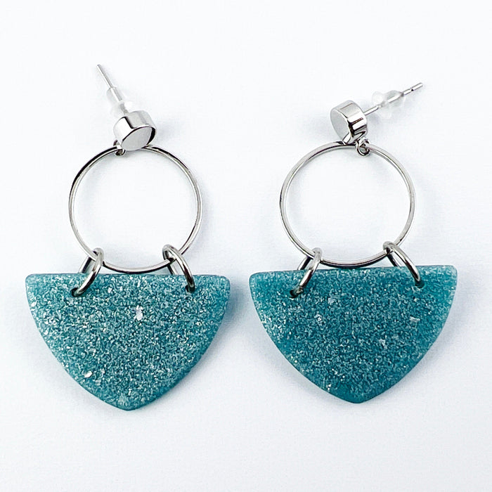 Kalani - Silver Circle & Shimmering Aqua Curved Triangle Earrings