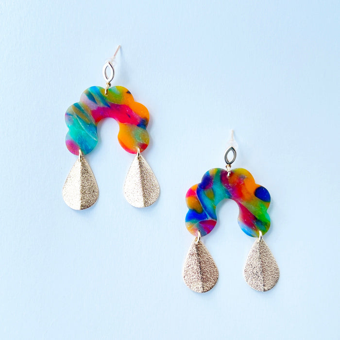 Earrings Rainbow Swirl Statement Earrings – Gold Post Polymer Clay