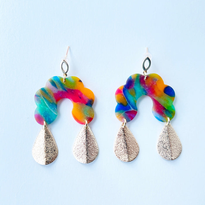 Earrings Rainbow Swirl Statement Earrings – Gold Post Polymer Clay