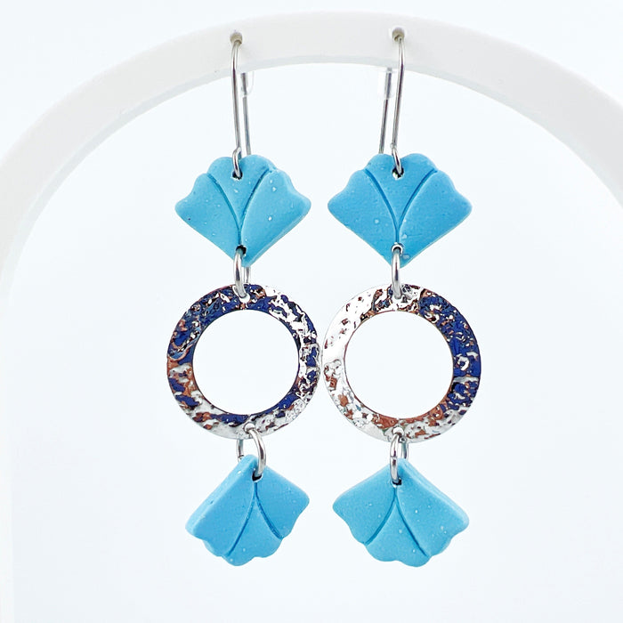 Earrings Sema - Blue Floral Leaf Earrings with Hammered Circles