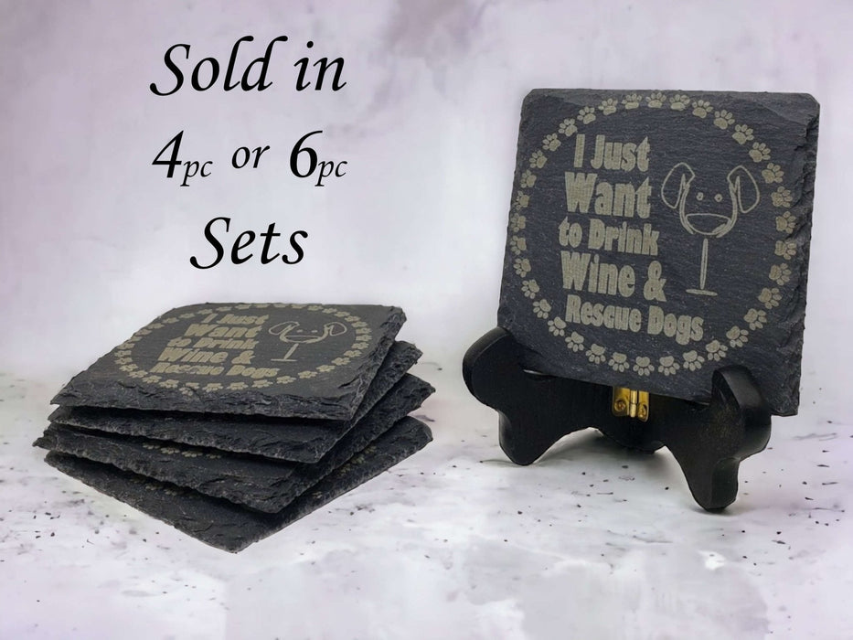 Engraved "Drink Wine, Rescue Dogs" Slate Coaster Sets - DogPound Creations