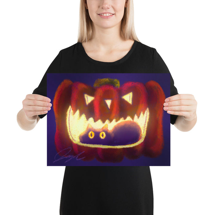 "Black Cat in a Jack o' Lantern": Painting of a Black Cat in a Glowing Pumpkin [Unfoiled]