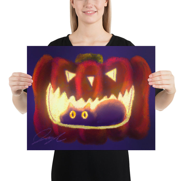 "Black Cat in a Jack o' Lantern": Painting of a Black Cat in a Glowing Pumpkin [Unfoiled]