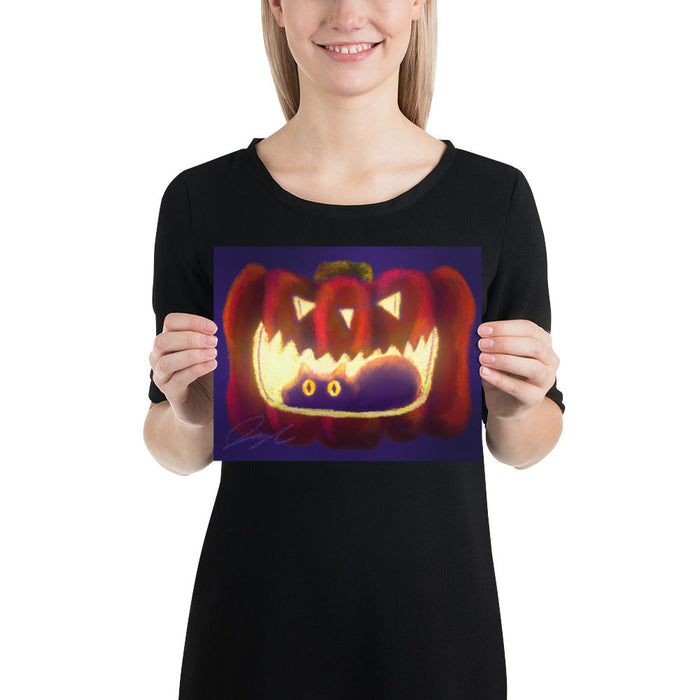 "Black Cat in a Jack o' Lantern": Painting of a Black Cat in a Glowing Pumpkin [Unfoiled]