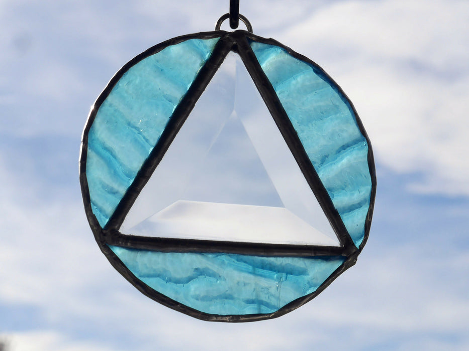 AA Stained Glass Sun Catcher, Sobriety Gift, Blue and Beveled Glass 3.5in diameter