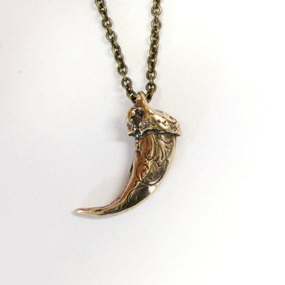 Bronze Wolf Claw Necklace - Engraved Solid Bronze Pendant With Large Charm