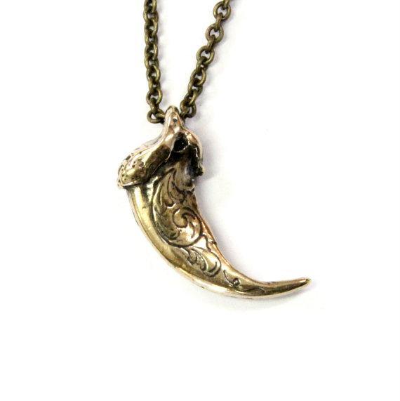 Bronze Wolf Claw Necklace - Engraved Solid Bronze Pendant With Large Charm