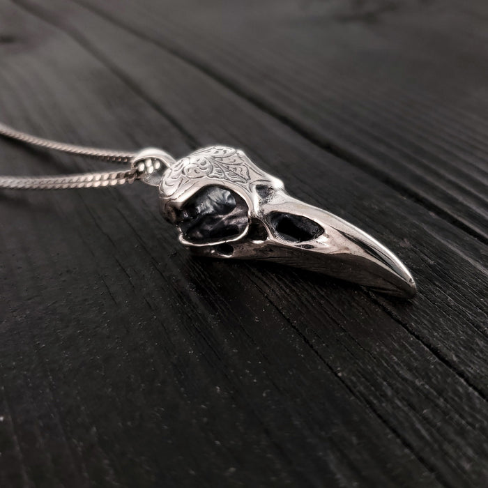 Engraved Raven Skull Pendant