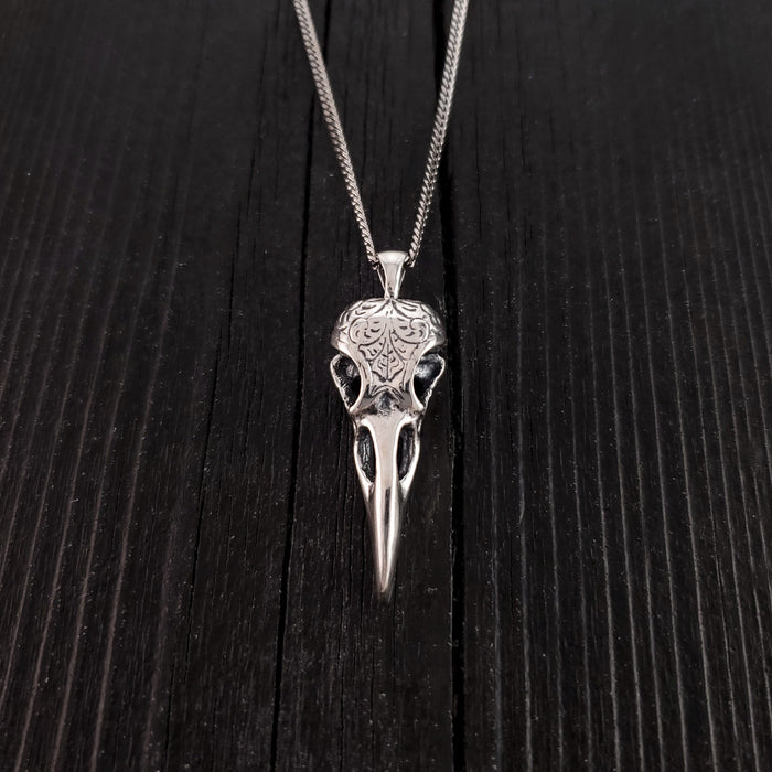 Engraved Raven Skull Pendant