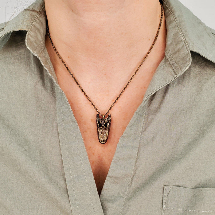 Alligator Skull Necklace - Solid Bronze Pendant Jewelry With Oxidised Bronze Chain