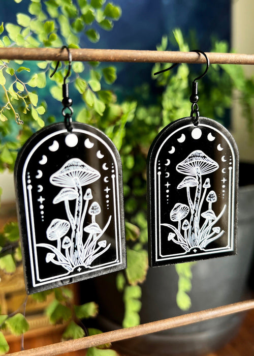 Black Acrylic Earrings | Lunar Mushroom Celestial Jewelry